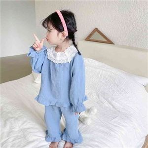 Весна прибытие девушки с длинным рукавом 2 штуки костюм топ + брюки дети корейский дизайн наборов Pajama 210528