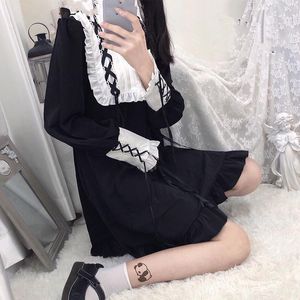 Casual Dresses Women Kawaii Lolita Gothic Dress Cute Vintage Lace Cross Long Sleeve Princess Japanese Sweet Ruffle Teen Girl Dresse Black