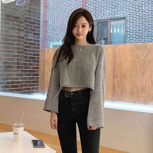 autumn and winter age-reducing girl curly short umbilical head thin wool sweater T-shirt women 210429