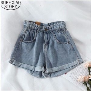Vintage ljusblå jeans mode casual sommar bomull denim hög midja lösa breda ben shorts 9739 210417