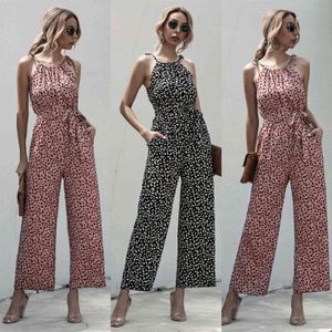Jumpsuits for Women Lace-up Sexy sleeveless Jumpsuit Print waist Jumpsuits with belt Office Lady overalls for women 210514