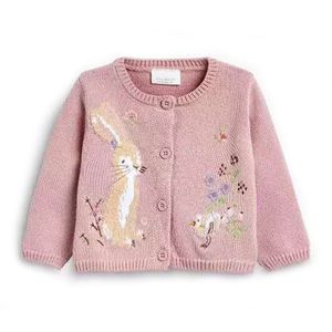 Dziewczynek Bawełna Dzianiny Cardigan Różowy Kolor Cartoon Królik Haft Wiosna Jesień Sweter Kids Outnwear Top 211106