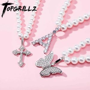 TOPGRILLZ 6mm8mm Vintage Fashion White Pearl Necklace with Iced Cubic Zirconia Cross/Butterfly Pendant Charm Jewelry For Women