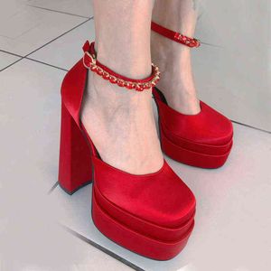 2022 Nuevas sandalias de mujeres sexy cm bombas de cuero genuino de cuero grueso de los zapatos de tacón alto plataforma zapatos de mujer negro rojo rosa tamaño grande y220225