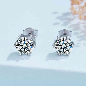 Real Color D VVS1 Moissanite Серьги простые 6 зубных круглых алмазных шпильков Серьги 0.5CT 1.0CT 2CT 4CT S925 серебро для женщин