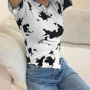 Ribbed Milk Cow Printed Nieregularny Hem Y2K Crop Top Lato Moda Damska Koszulka Dla Dziewczyn Tie Dye Krótki Rękaw Koszula 210510