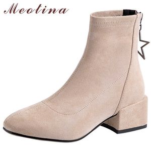 Meotina Herbst elastische Stiefel Frauen echtes Leder Chunky Heels Stiefeletten Reißverschluss quadratische Zehe kurze Schuhe Dame Herbst Größe 34-39 210608