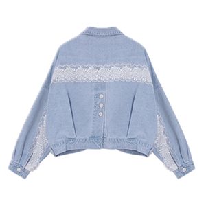 Women Denim Jacket Lace Patchwork Blue High Street Loose C0084 210514