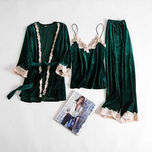 Green Velour Pajamas Suit Lady 4PCS Pijamas Shirt&pants Sleep Set Autumn Warm Robe Gown Nightwear Velvet Sleepwear Home Clothing Q0706