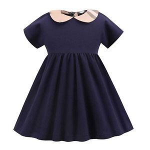 2021 Summer Checkered Dresses Baby Girls Short Sleeve Slå ner Collar Dress Designer Kids grossistkläder Amerikanska kläder Q0716