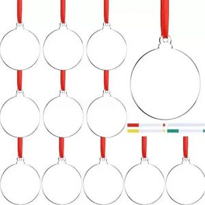 24 Piece 3Inch Transparent Clear Circle Christmas Hangtag DIY Blank Round Acrylic Xmas Tree Ornaments Pendant in stock WHT0228