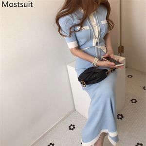 Coreano elegante de malha dois pedaços conjuntos mulheres manga curta cardigans + cintura elástica longa saia ternos moda senhoras 210514
