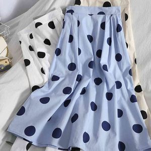 Sommar Vintage Kontrastfärg Polka-Dot Skirt Kvinnor Casual Over-The-Knee Studenter Koreanska A-Line Midi Long Print 210420