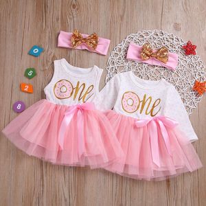 Mädchenkleider Baby Mädchen Party 1. Geburtstag Jäten Prinzessin Kleinkind Mädchen Kleid Schleife Rosa Mesh Tutu + Stirnband