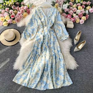NAPOE Sonbahar Vintage Chic Çiçek Baskı Kadın Elbise Fransız Tarzı V Yaka Büyük Salıncak Elbiseler Taze Chic Düğme Ince Bel Vestidos 210423
