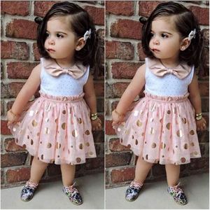 Novo Verão Bebê Bonito Crianças Meninas Princesa Laço Laço Rosa Polka Dot Lantejoulas Tulle Tutu Casual Verão One-Peças Vestido Q0716