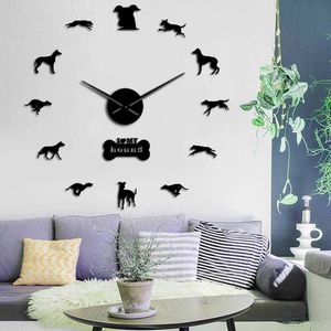 私は私のハウンドドッグミラー効果3D DIYの壁掛け時計動物デザインペットショップの子犬恋人ホーム装飾自己接着時計時計x0726