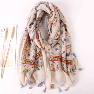 2021 summer Korean sweet bouquet printing headscarf shawl cotton and linen beach fringed cotton scarf