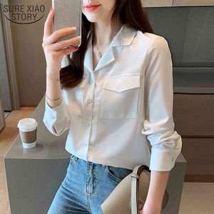 Sonbahar Kore OL Suit Yaka Bayanlar Uzun Kollu Şifon Bluz Kadın Beyaz Gömlek Hırka Ropa De Mujer 10696 210508