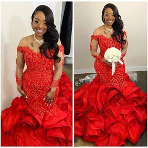 Arabic African Aso Ebi Red Sexy Prom Dresses Off Shoulder Lace Beads Tiered Ruffles Evening Dress Formal Party Gowns Vestido Festa