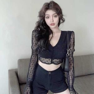 Autumn black lace up top goth long-sleeved short V-neck top design halter chiffon shirt fashionable sexy 210604