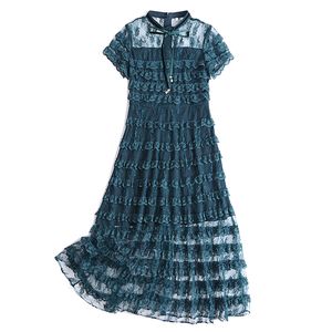 Women Cascading Ruffle Lace Mesh Stand Collar Bow Short Sleeve A Line Elegant Cake Long Dress Summer D1773 210514