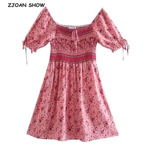 Holiday Tie Bow Lacing up Slash Collar Floral Print Pleated Elastic Ruched Dress BOHO Woman Puff Sleeve Mini Short Dresses 210429