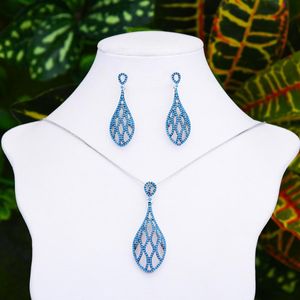 Ohrringe Halskette Missvikki 2PCS Romantisches Luxus-Blau-Lila-glänzendes Tropfen-Anhänger-Schmuckset Super CZ Opal Design
