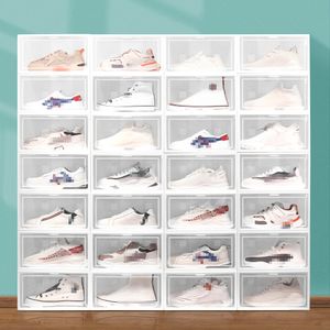 透明な多色靴箱の折りたたみ式透明な家のオーガナイザースタッカブルディスプレイの重ね合わせたコンビネーションシューズコンテナキャビネットボックスJY0532