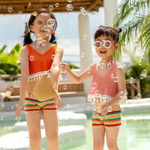 Girls 'Crochet Biquini Bikini Swimwear Conjunto de Duas Peças Children Breaking Bathing Little Sport Biquini Swimsuit Set