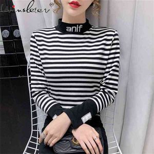 Spring Fall Korean Style T-shirt Fashion Mock Neck Patchwork Svart Vit Stripe Kvinnor Toppar Långärmad Bomull Tees T11008a 210421