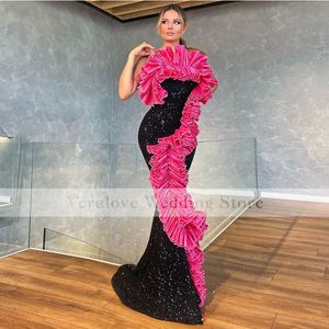 Trägerloses schwarzes Fushia-Pailletten-Meerjungfrauen-Abschlussballkleid, Neuankömmling, Promi-Partykleid, Abendkleider für Frauen