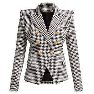 Högkvalitativ modedesigner Blazer Women's Long Sleeve Metal Lion Knappar Houndstooth Print Jacket 210930