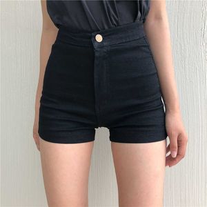 Korea Sommar Aa Skinny Jeans Kort Stretch Kvinna Knapp Solid Färg Stor Storlek Hög Midja Casual Shorts 210608