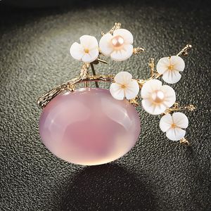 Farlena Smycken Unik Design Rosa Crystal Stone Plommon Blossom Brosch med Natural Shell Eleganta Freshwater Pearl Brosches