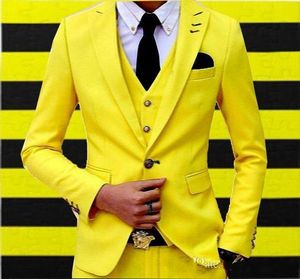 Wysokiej jakości jeden przycisk Yellow Groom Tuxedos Peak Lapel Wedding / Prom / Dinner Groomsmen Mężczyźni Garnitury Blazer (Kurtka + Spodnie + Kamizelka + Krawat) W1341