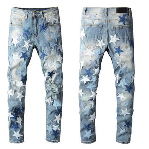 European American Style Jeans Designer Mens Stars Remendes Denim Jean Slim Casual Outono e Inverno Novo Regular Cantada Últimas Hip Hop Rack Revival
