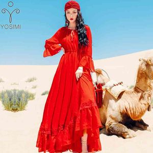 Yosimi Summer Dress Maxi Eleganckie Czerwone Szyfonowe Długie Kobiety Party O-Neck Butterfly Rękawem Kobiet Vestidos de Fiesta 210604