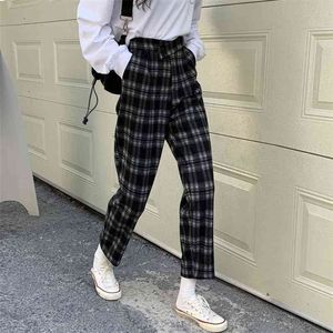 Höst Korea Mode Kvinnor Hög midja Lös Casual Ankellängd Byxor Vintage Plaid Tjockad Harem Toppkvalitet V273 210512