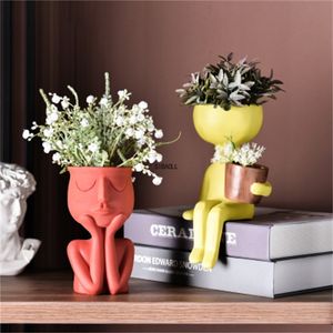 Human Think Face Ceramic Home Plants Flower Pot Vase Planter Tabletop Decoration Sculpture TableDecoration Flower Vases Portrait 210615