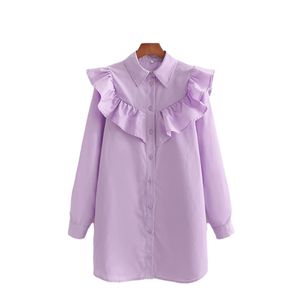 カジュアルな女性紫の綿のフリルシャツのドレス春のファッションレディースソフトミニドレス女の子甘い休日210515