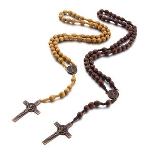 Resina de madera Crucifijo Rosario Beads Cadena Colgantes Collar Católico Cross Joyería Virgen María Jesús Colgantes Collares