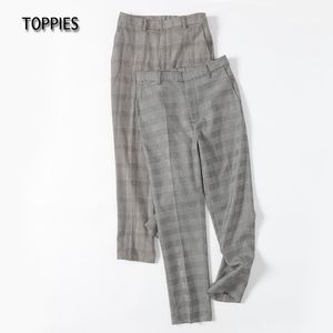 Toppies vintage houndstooth terno calças mulheres calças de cintura alta calças femininas zíper voar streetwear 210412