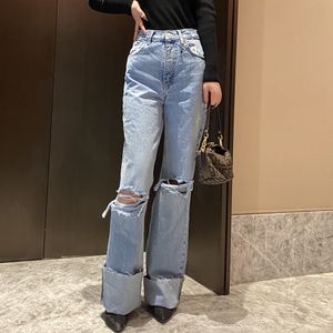 Women Chic Fashion Ripped Hole Wide Leg Jeans Vintage High Waist Zipper Fly Denim Pants Female Trousers Mujer