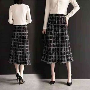 Vintage Winter Black Plaid Tweed Skirt Kvinnor Midi Long High Waist A-Line Stickad Office Ladies Plus Storlek Slim Work Clothes 210421