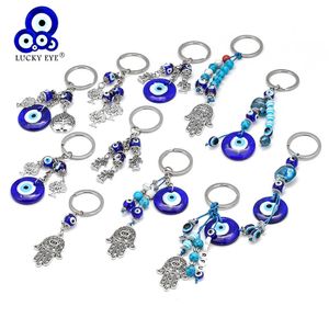 Lucky Eye Tree Fatima Hamsa Hand Evil Eye Pendant Keychain Silver Färg Ring Nyckel Kedja Bil Nyckelring För Kvinnor Män Smycken Be29 G1019