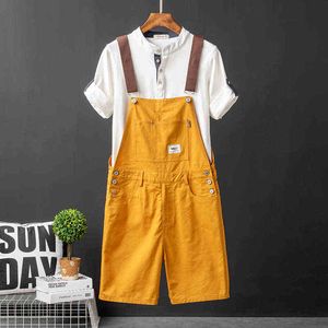 2021 sommar män bib byxor solid färg casual shorts jumpsuits streetwear joggers multi fickor mode suspenders cargo overall h1210