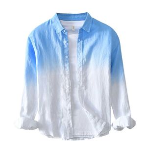 Gradiente camisa de manga comprida para linho puro moda pendurado tingido botão para cima topos masculinos casuais casuais roupas colaras 210601