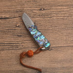 Främjande Små Damaskus Pocket Folding Kniv Damaskuss Stålblad Abalone Shell + Rostfritt stålplåt Hantera EDC Presentknivar