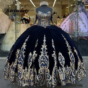 Navy Blue Velvet Princess Quinceanera Dress Ball Gown Sequins Lace Applique Vestido Mexicano Style Sweet 15 Prom Gowns